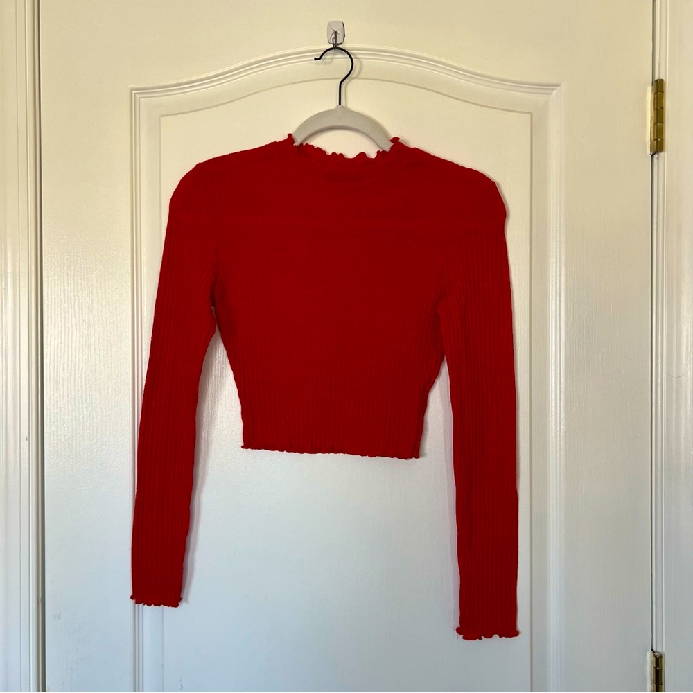 SHEIN Red Ribbed Knit Mock Neck Long Sleeve Crop Top
